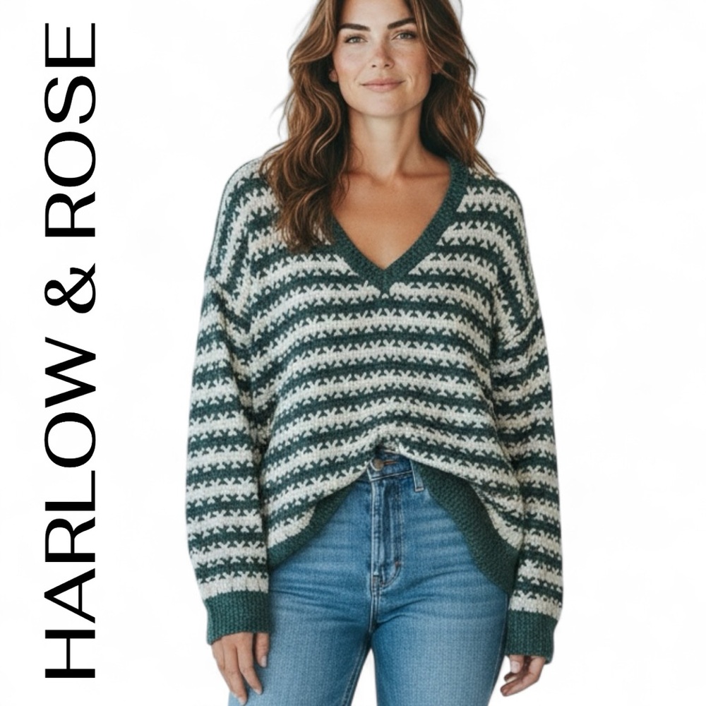 HARLOW & ROSE Chenille Striped Sweater Size XL Teal Cream Super Soft NEW